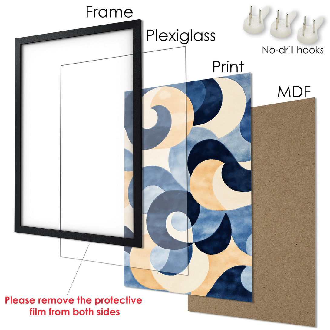 Framed Poster featuring abstract blue & beige watercolor art. Modern wall decor with a stylish, minimalist design. Perfect for any room!