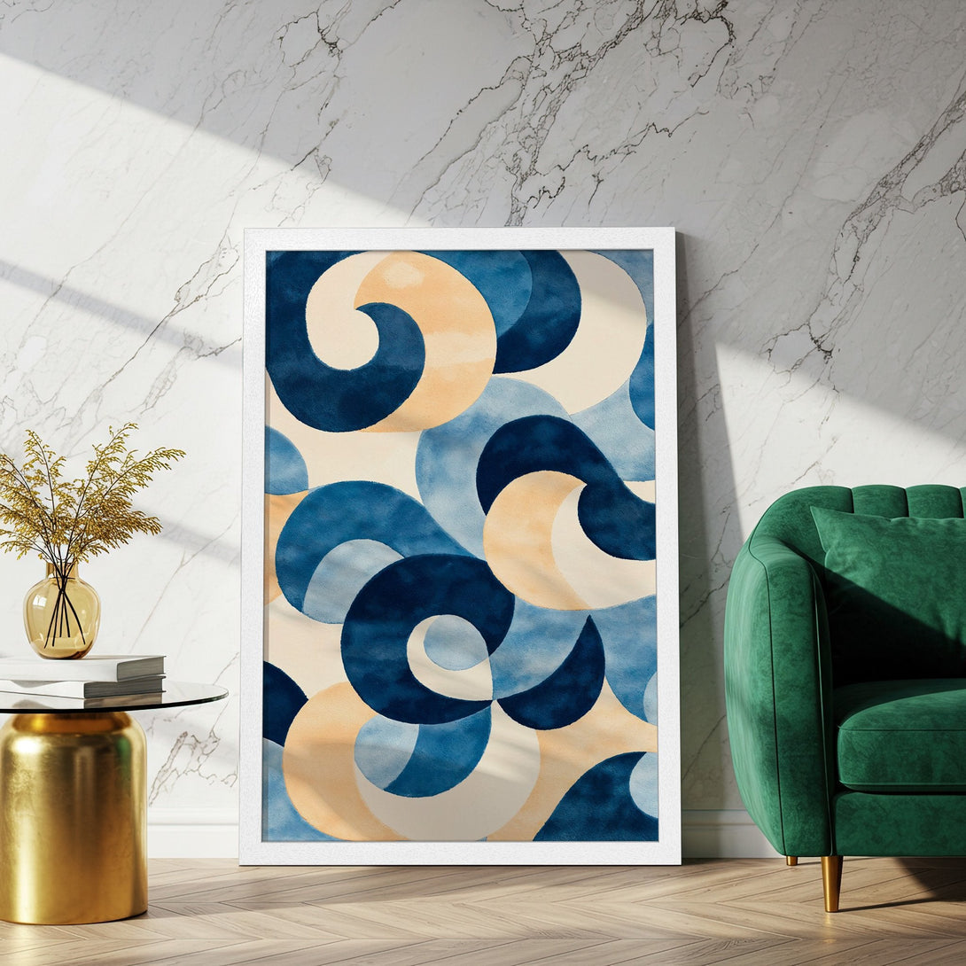 Framed Poster with abstract blue and beige design. Modern art print in a white frame, perfect for home decor.
