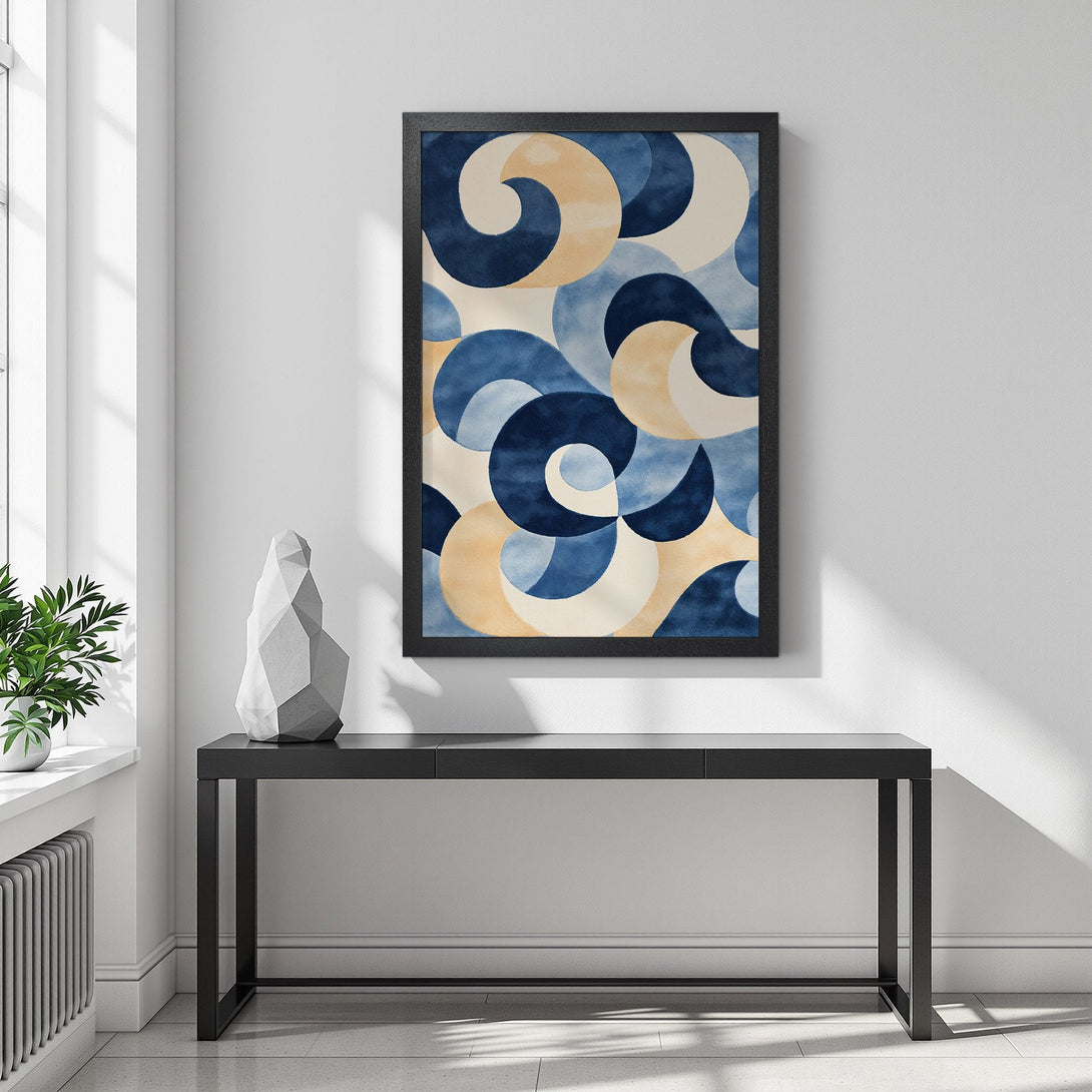 Framed Poster featuring abstract blue and beige watercolor art. Modern wall decor to elevate your space. Shop this art poster today!