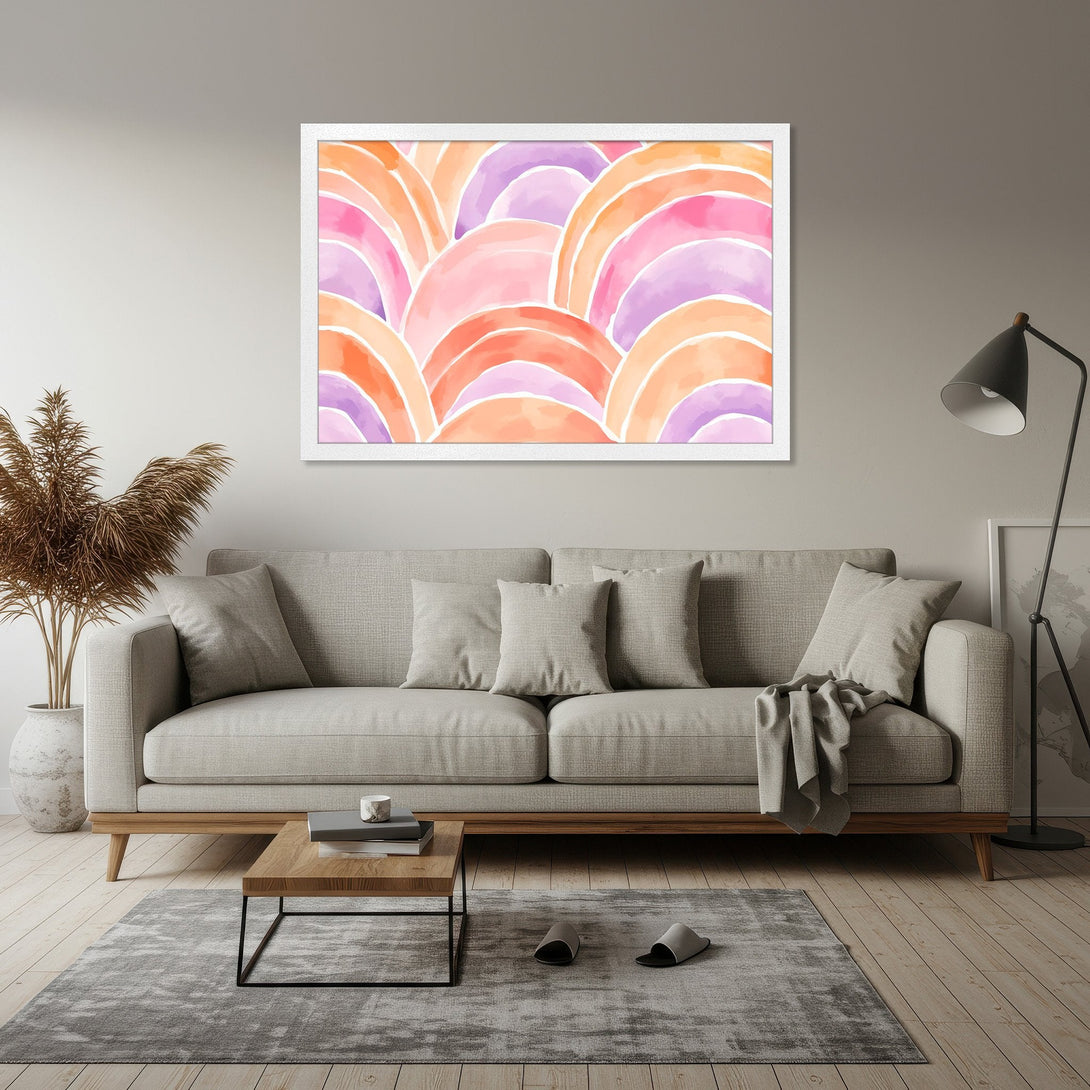 Framed Poster featuring abstract watercolor art in shades of pink, orange, and purple. Modern wall art for home decor.