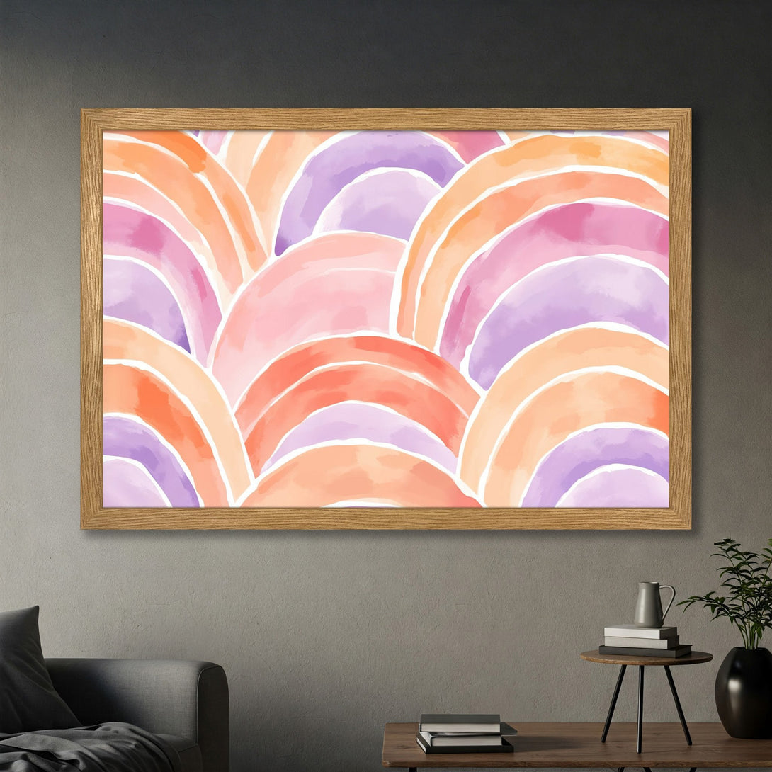 Framed Poster featuring watercolor abstract art in pink, orange, and purple hues. Modern wall decor for a stylish home.
