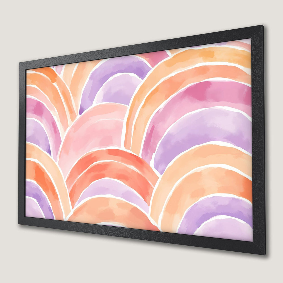 Framed Poster featuring watercolor abstract waves in a warm color palette of pink, orange, and purple. Perfect wall art!