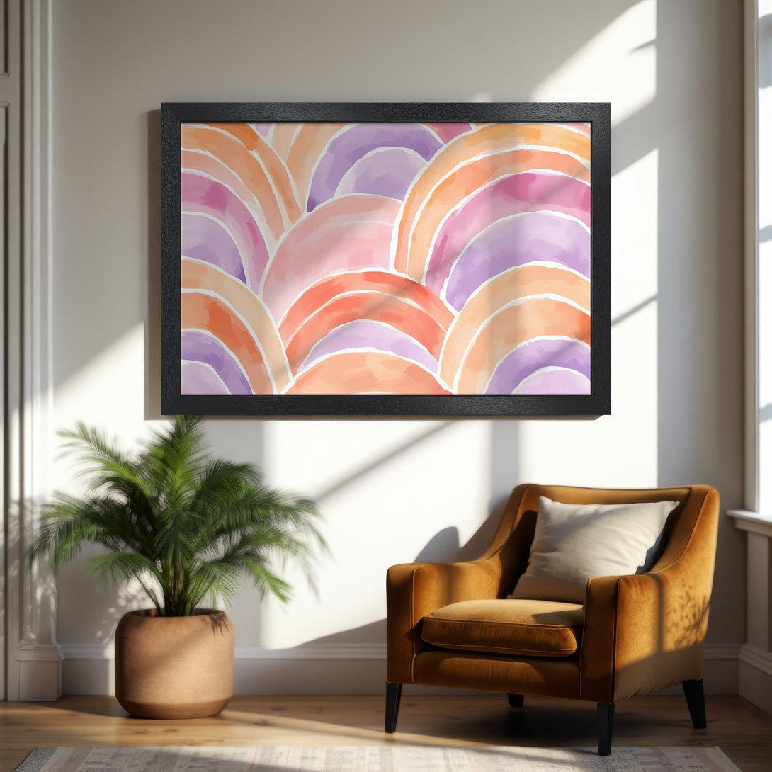 Framed Poster featuring abstract watercolor art in warm peach and purple tones. Modern decor for your home.