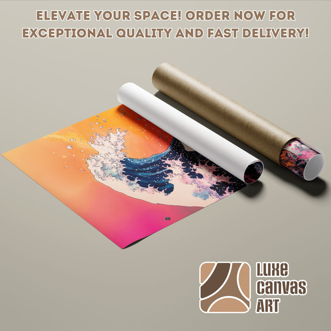 Poster roll with vibrant wave art in a warm color palette. Elevate your space with this unique poster!