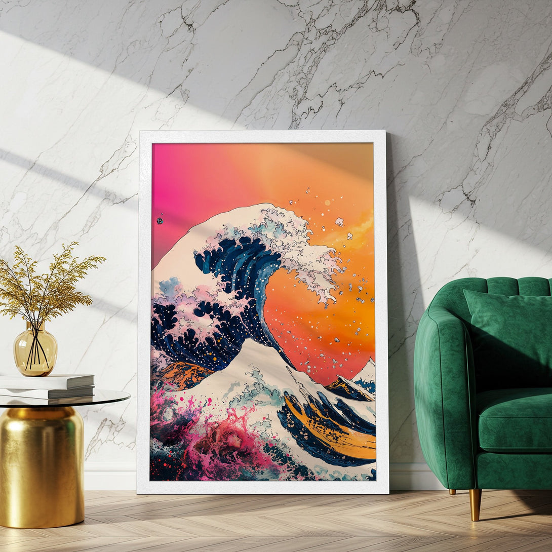 Framed Poster of a Japanese wave art print. Vibrant colors and a classic style. Perfect wall art for your home decor.