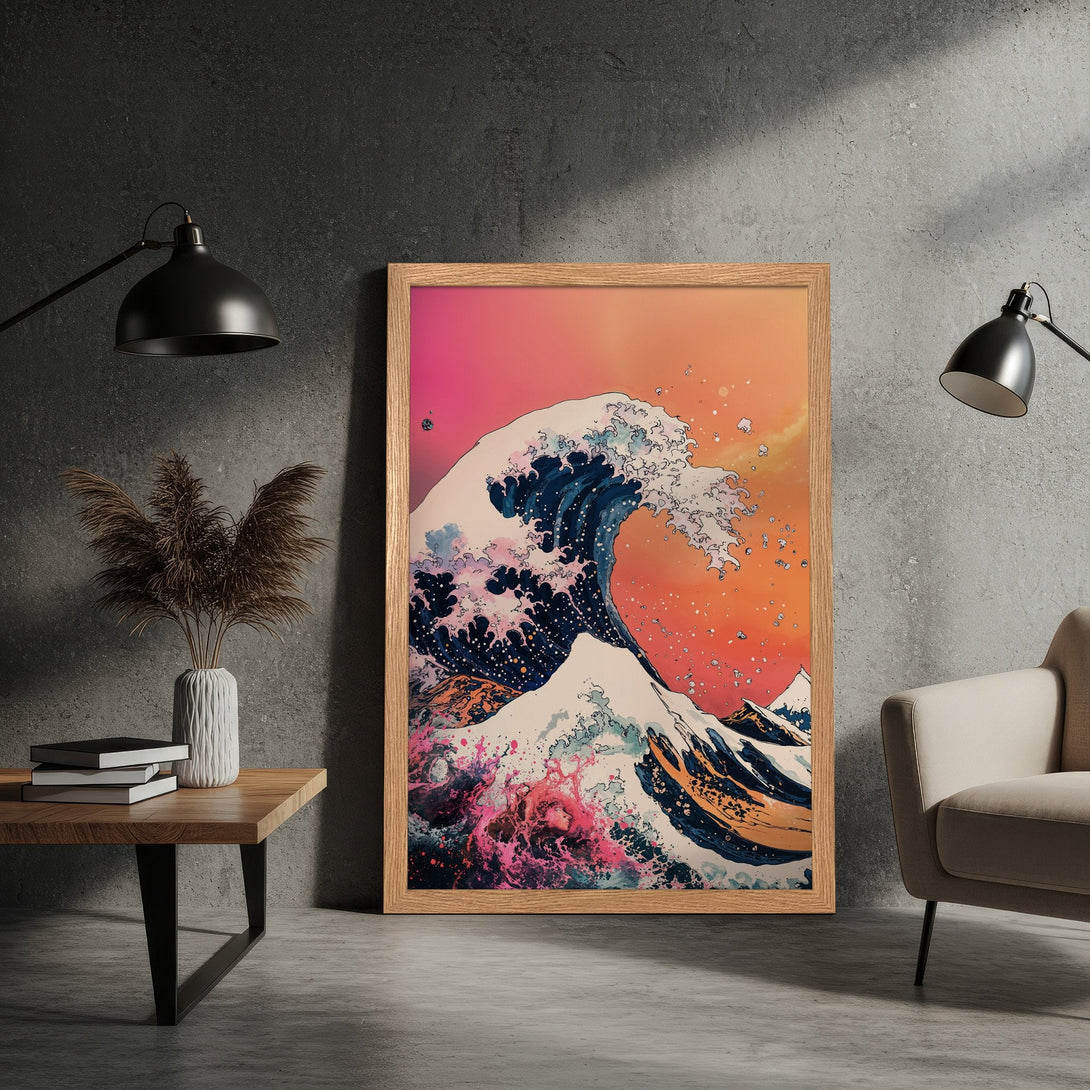 Framed Poster of a vibrant wave artwork in a Japanese Ukiyo-e style with a pink, orange, and blue color palette. Add art to your space!