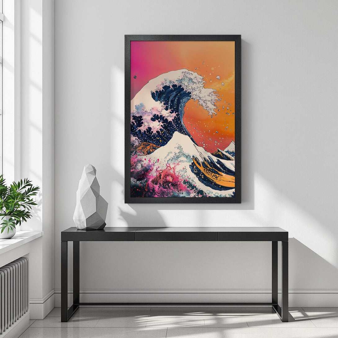 Framed Poster featuring a vibrant wave illustration in a watercolor style with a warm orange and blue color palette. Perfect wall art!