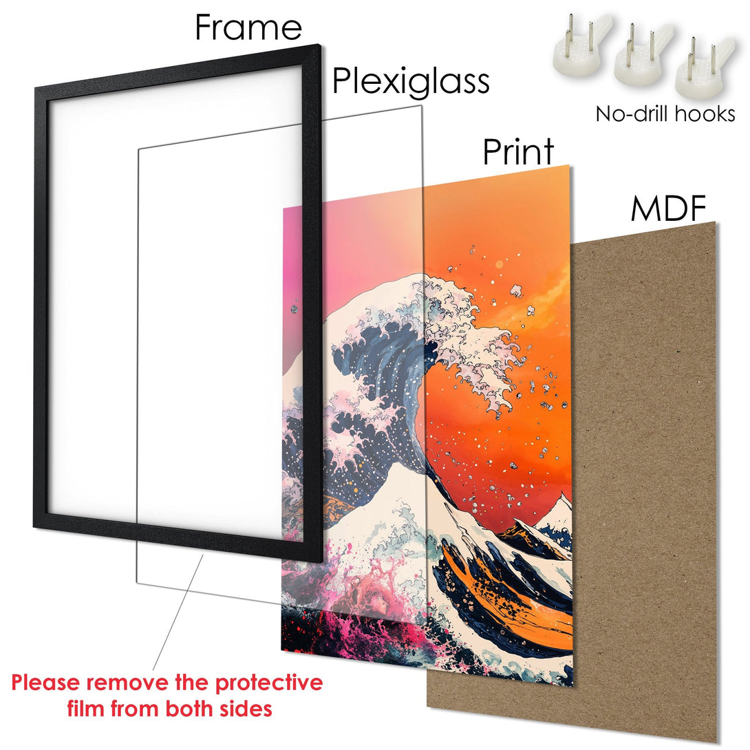 Framed Poster of a Japanese wave art print. Vibrant orange, pink, and blue color palette. Perfect wall decor!