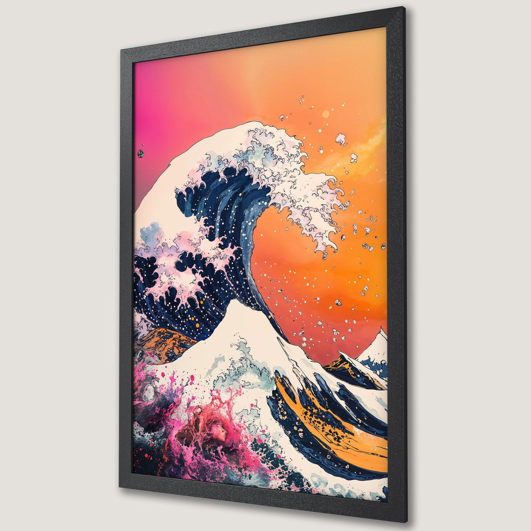 Framed Poster featuring a vibrant wave illustration in a bold, colorful style. Pink, orange, and blue color palette. Perfect wall art!