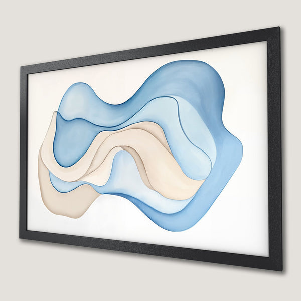 Framed Poster featuring abstract blue and beige wave design. Modern art print perfect for any space.