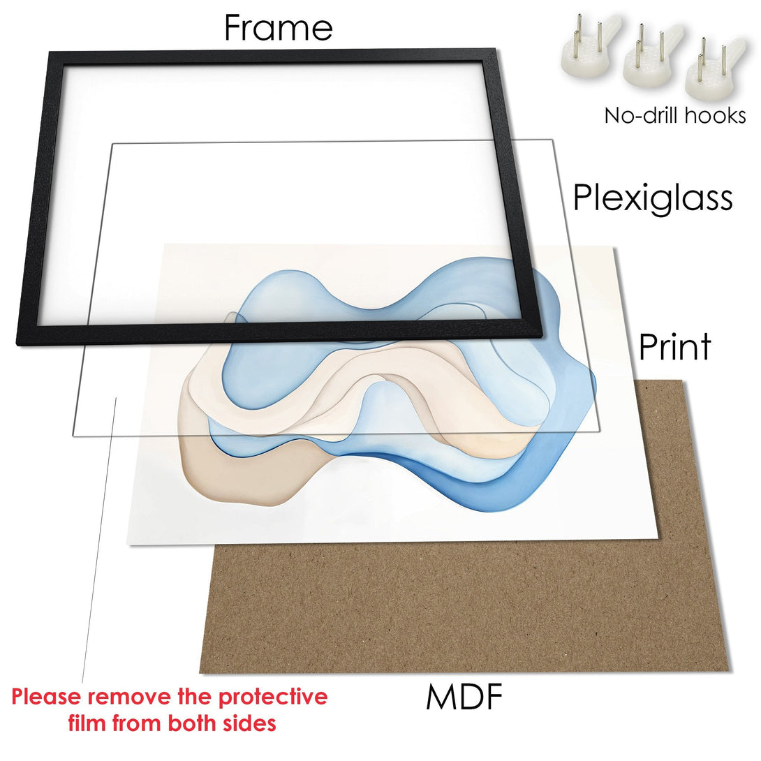 Framed Poster with abstract blue and beige art print. Modern wall decor for home or office.
