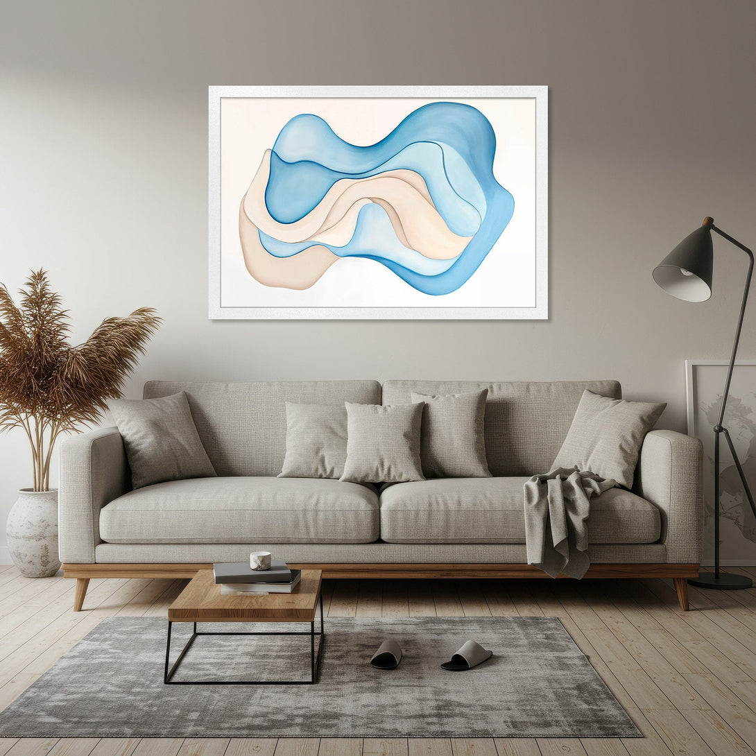 Framed Poster featuring abstract blue and beige watercolor art, perfect for modern home decor.