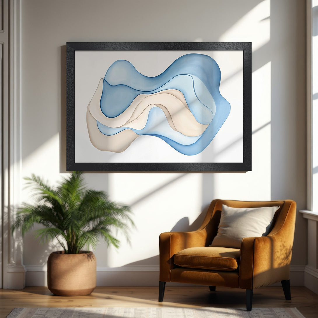 Framed Poster featuring abstract blue and beige art. Modern style, calming color palette perfect for home decor.