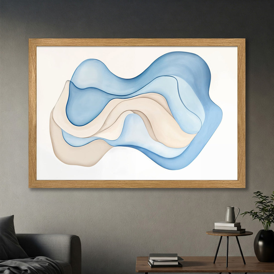 Framed Poster of abstract blue and beige waves art. Modern style, neutral color palette. Perfect wall decor.