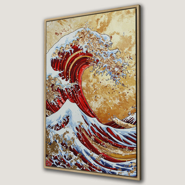 Framed Wall Art of a vibrant, abstract wave in red, gold, and blue. Perfect for adding a touch of art and color to your home decor. Shop now!