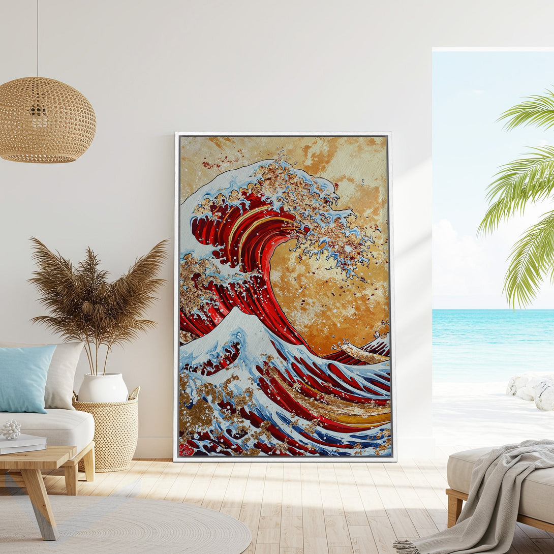 Framed Wall Art: Japanese wave art print with red, gold, and blue hues. Coastal decor inspiration for your home. Enhance your living room with this canvas print.
