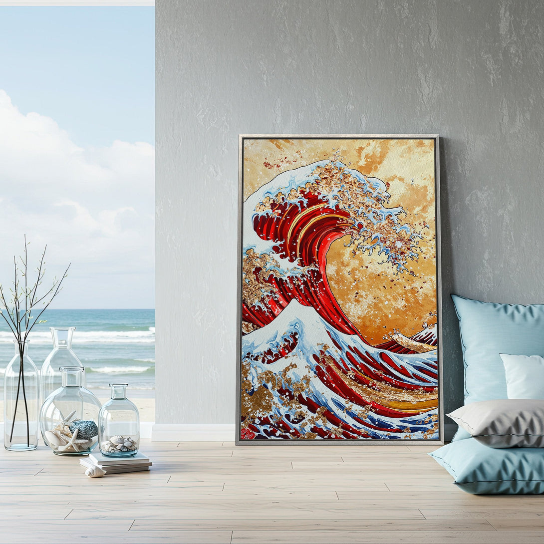 Framed Wall Art featuring a vibrant wave design in red, gold, and blue. Coastal-inspired art for your home, a perfect statement piece.