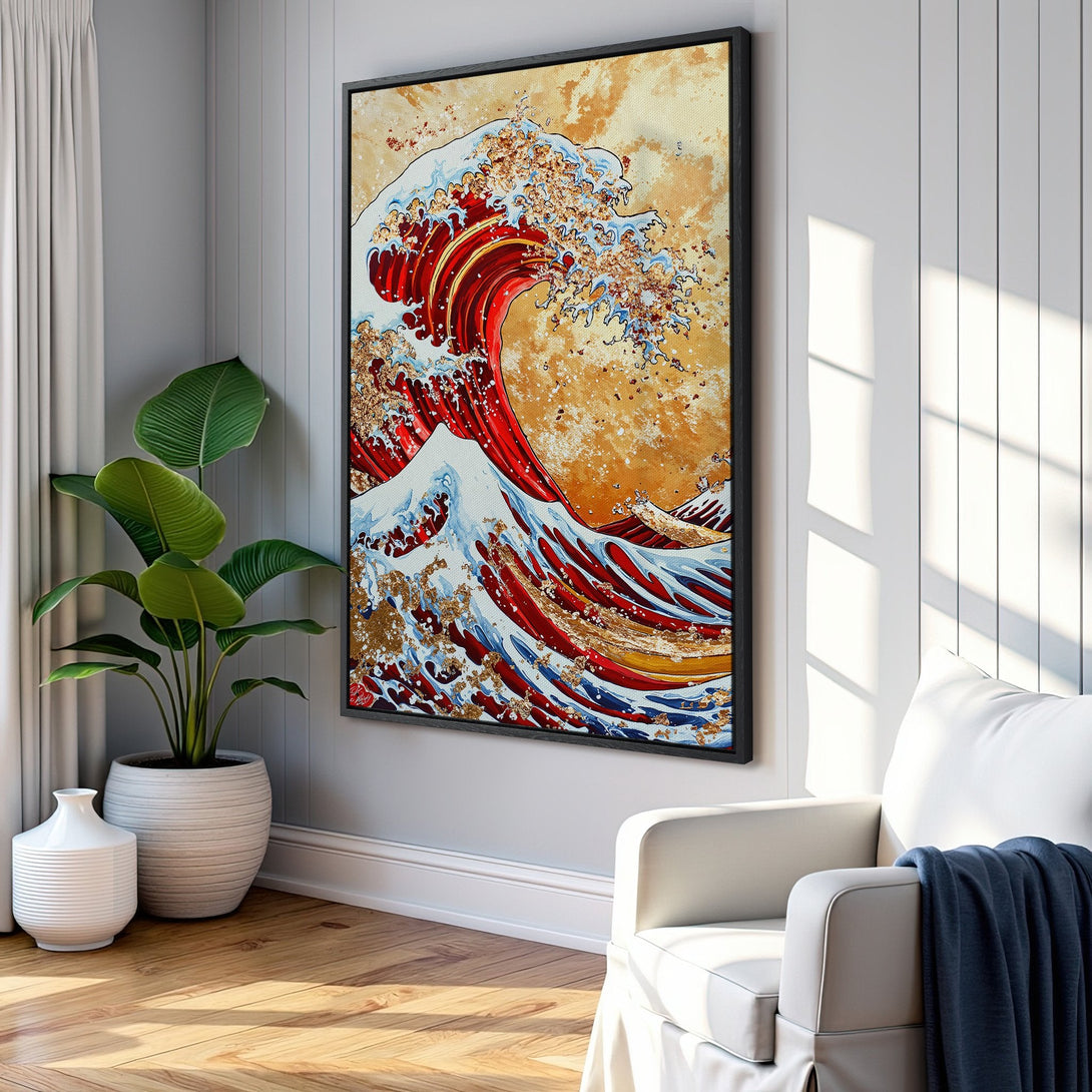 Framed Wall Art featuring a vibrant wave painting in red, gold, and blue. Enhance your home decor with this stunning, Japanese-inspired Canvas Print.
