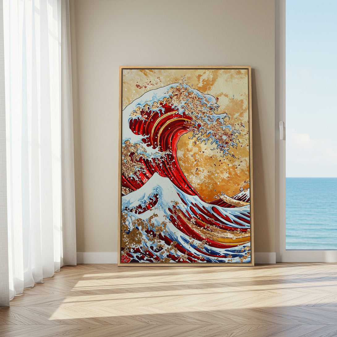 Framed Wall Art: Vibrant wave art print in red, blue, and gold. Adds a splash of color and coastal style to any room. Shop now!