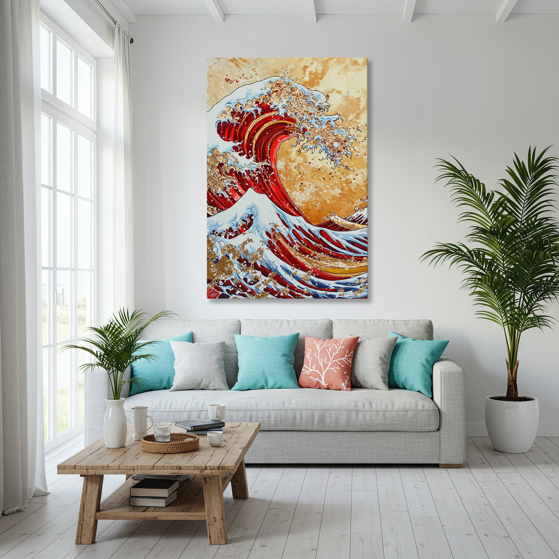 Framed Wall Art: Japanese wave art canvas print in a coastal living room. Red, gold, and blue color palette. Transform your space!
