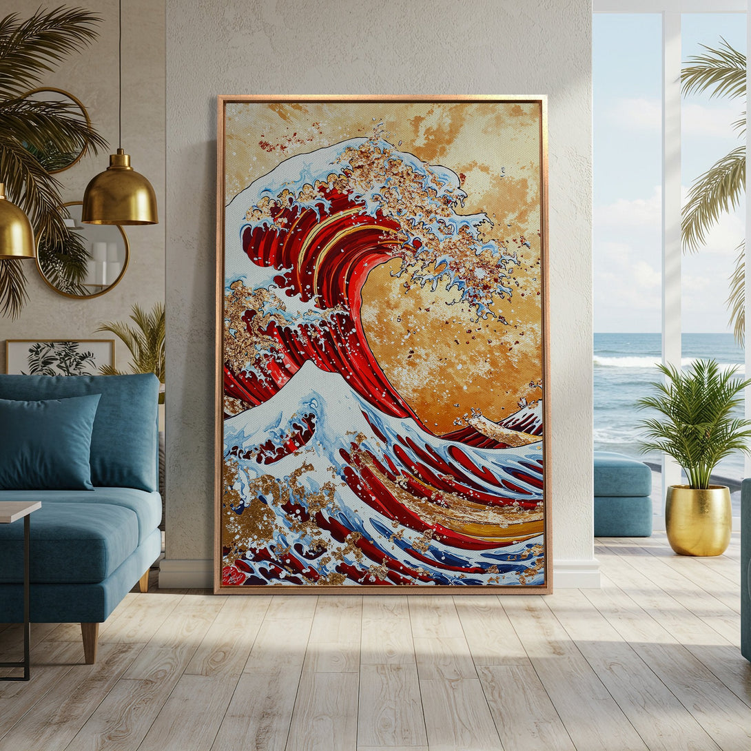 Framed Wall Art: Japanese wave canvas print in a modern interior. Rich red, gold, and blue hues create a stunning focal point for any room.
