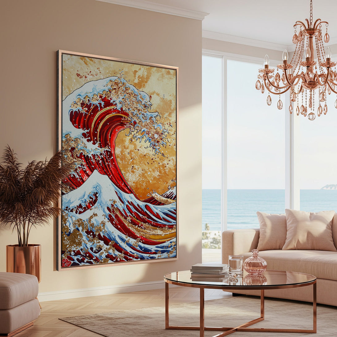 Framed Wall Art: Japanese wave art canvas print in a modern living room with a warm color palette. Elevate your space with this stunning artwork!