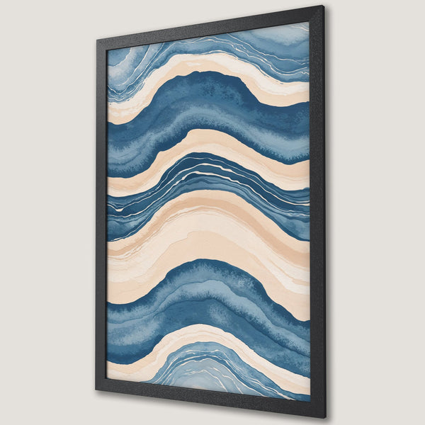 Framed Poster featuring an abstract watercolor design in blue, beige, and white. Modern art print perfect for home decor.