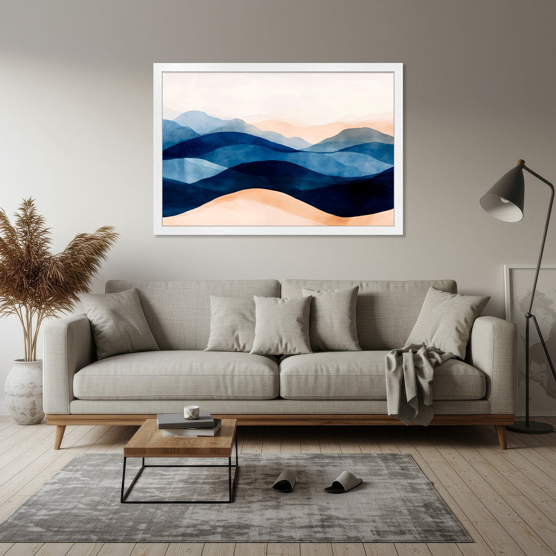 Framed Poster featuring abstract watercolor mountains in blue and peach tones, perfect for modern home decor.