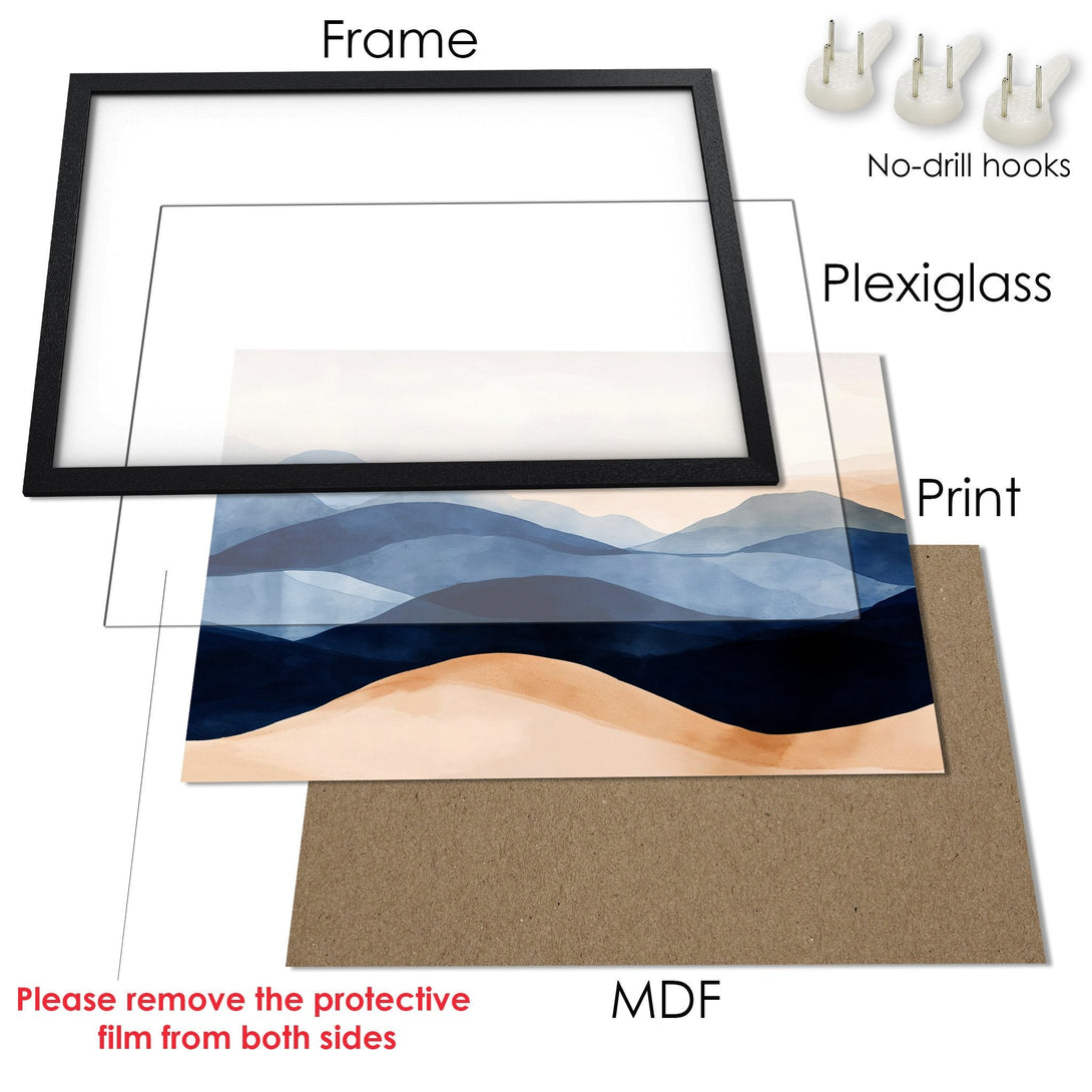 Framed Poster with abstract watercolor landscape art. Blue, beige, and black color palette. Modern wall decor.