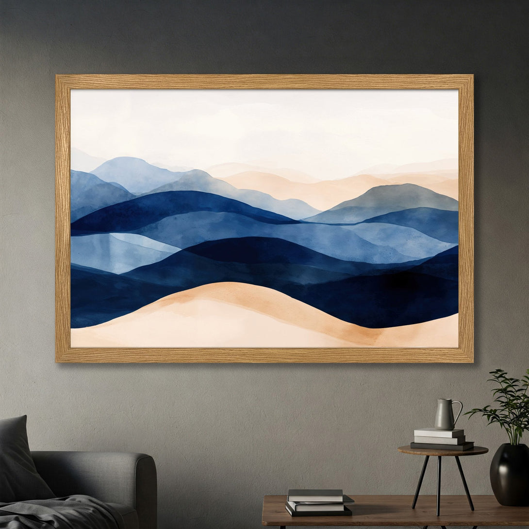 Framed Poster featuring watercolor abstract mountain landscape in blue and beige tones. Perfect wall art for any room.