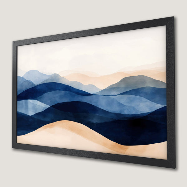 Framed Poster featuring abstract watercolor mountains in blue and beige tones. Perfect wall art for a serene space.