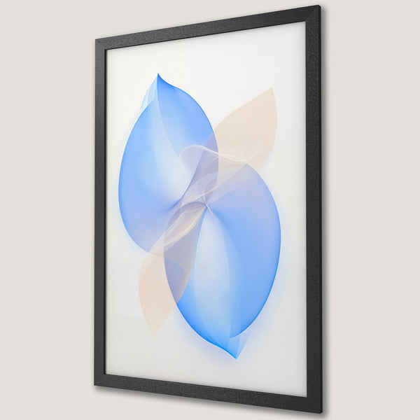 Framed Poster featuring abstract blue and beige artwork. Modern art print with a minimalist style and a calming color palette. Perfect wall decor.
