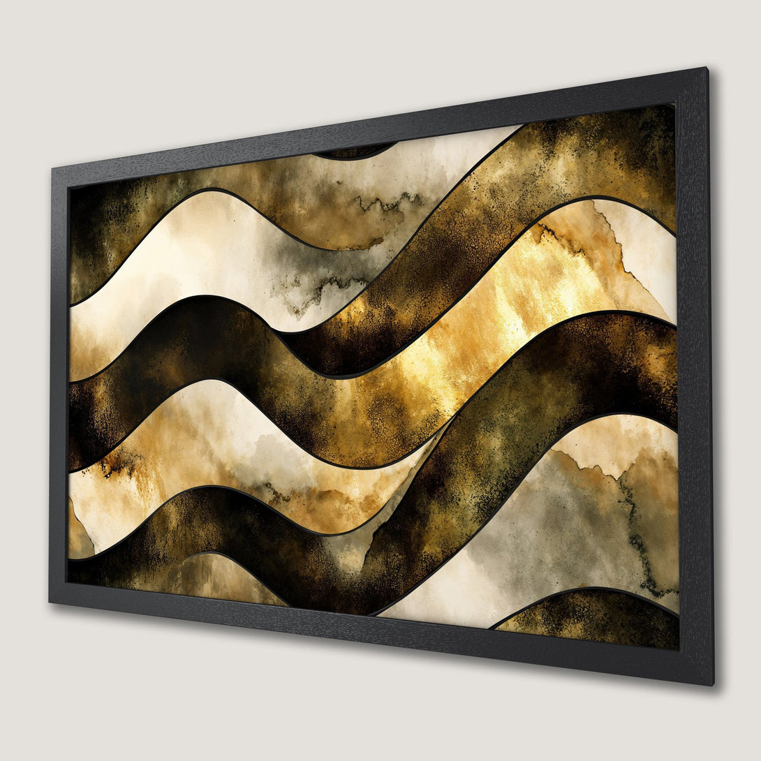 Framed Poster featuring abstract wave design in gold, brown, and cream color palette. Modern art for home decor.