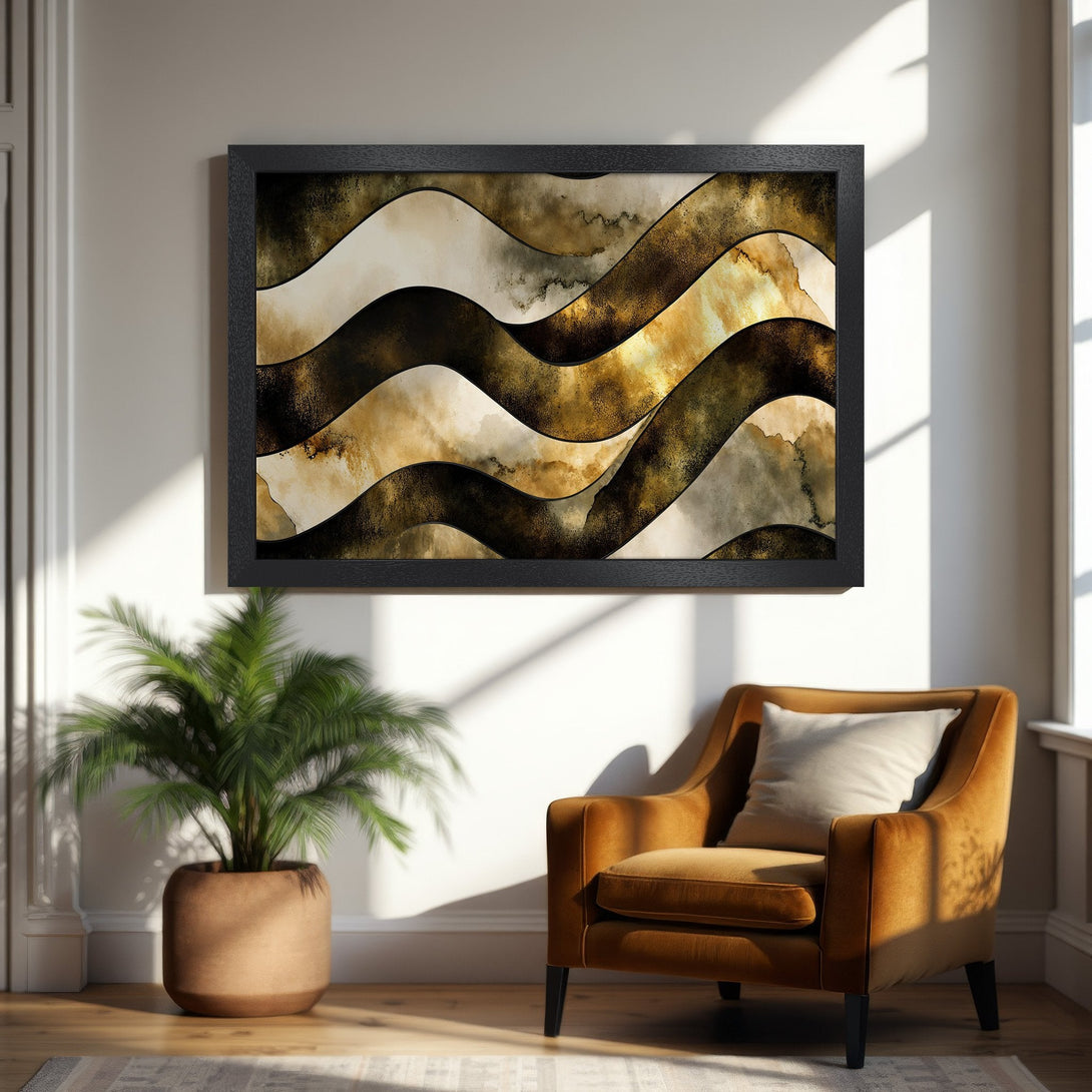 Framed Poster featuring abstract wave art in gold and brown tones, perfect for modern home decor.