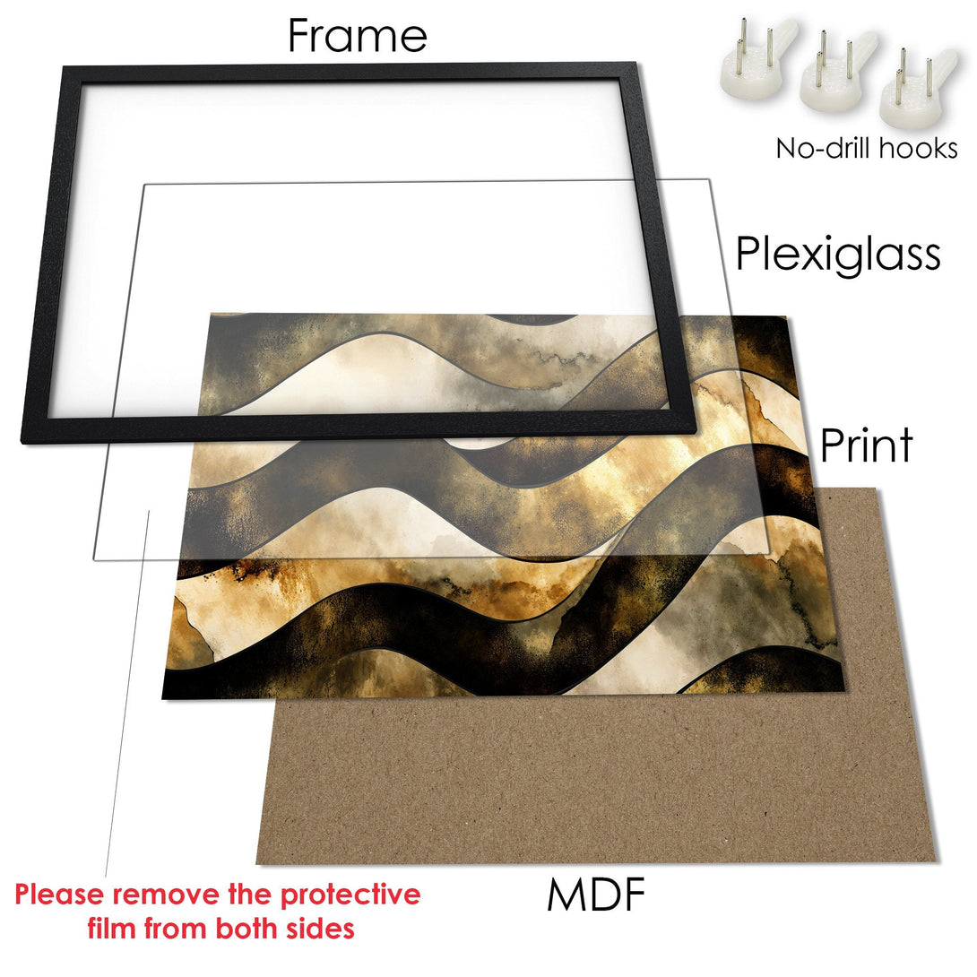 Framed Poster featuring abstract waves in a warm, earthy color palette. Perfect wall art for modern decor.
