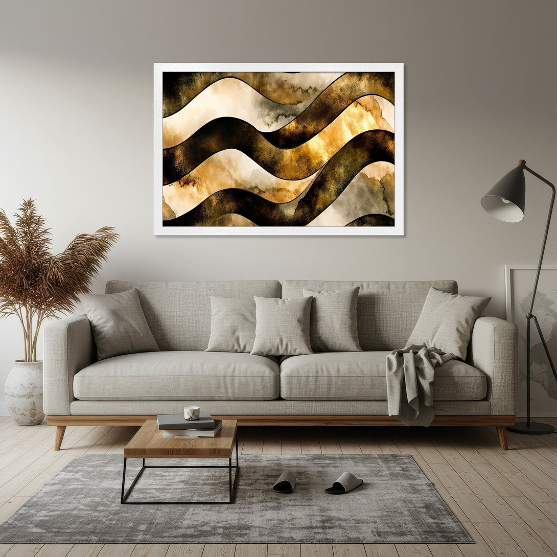 Framed Poster featuring abstract watercolor waves in earthy tones. Enhance your home decor with this stylish art piece.