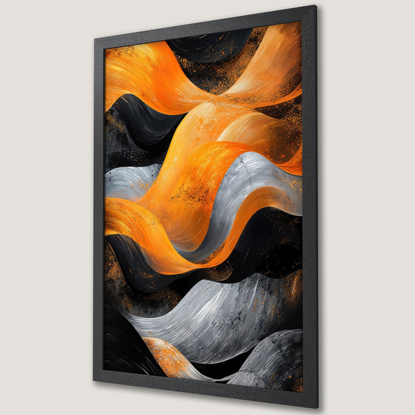 Framed Poster featuring abstract brushstroke art in orange, black, and gray. Modern wall decor for any space!