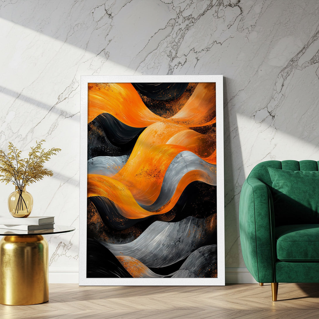 Framed Poster featuring abstract orange, black, and gray brushstrokes. Modern art print for a stylish home. Add a pop of color with this unique Poster.