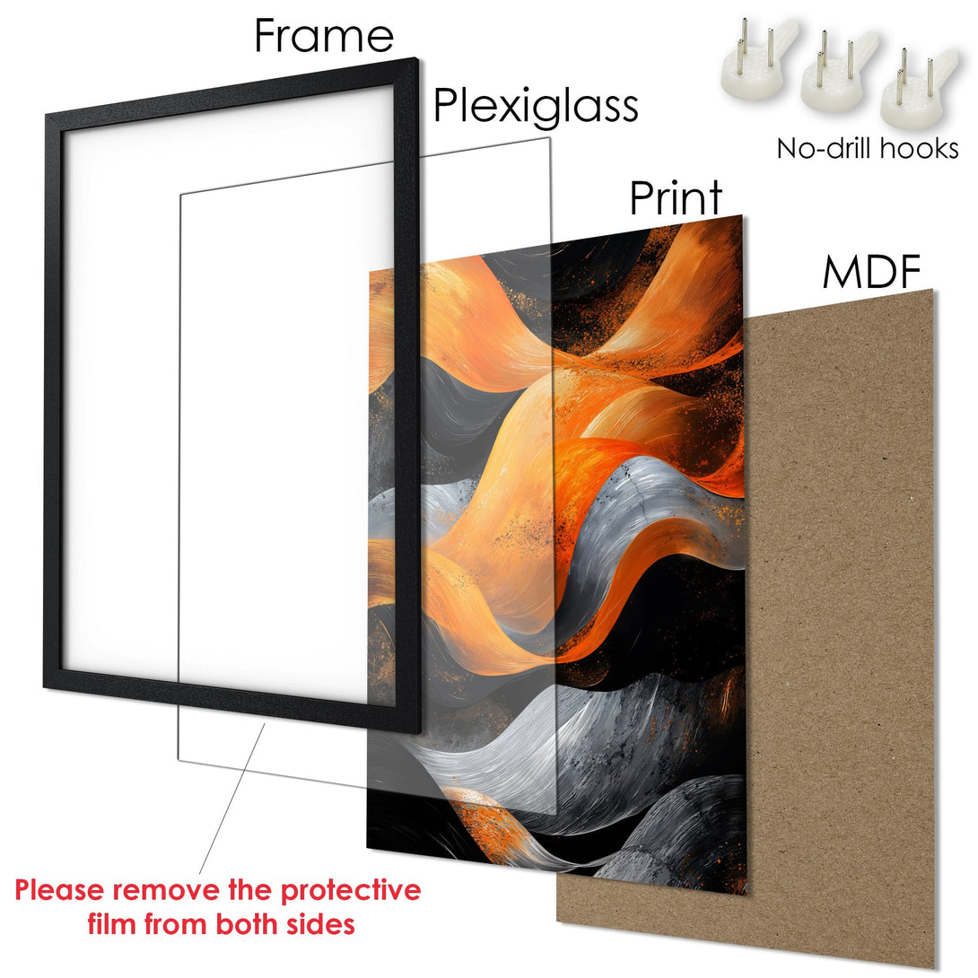 Framed Poster with abstract orange, gray, and black art. Modern style print for home decor. Ready to hang wall art.