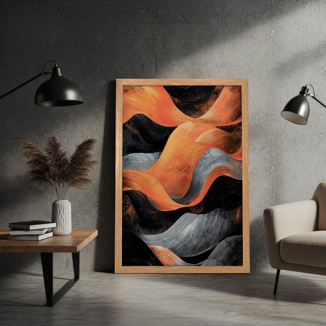 Framed Poster featuring abstract orange, black, and gray waves art. Modern wall decor for a stylish home.