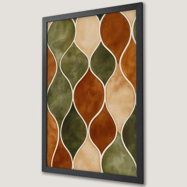 Framed Poster featuring abstract geometric design in earthy tones of green, brown, and beige. Modern art style.