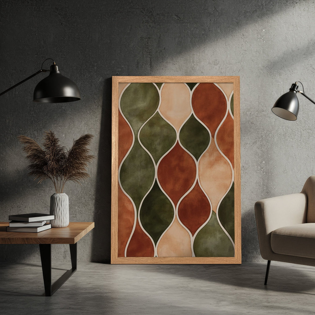 Framed Poster with abstract geometric design in earthy tones. Modern art print for home decor.