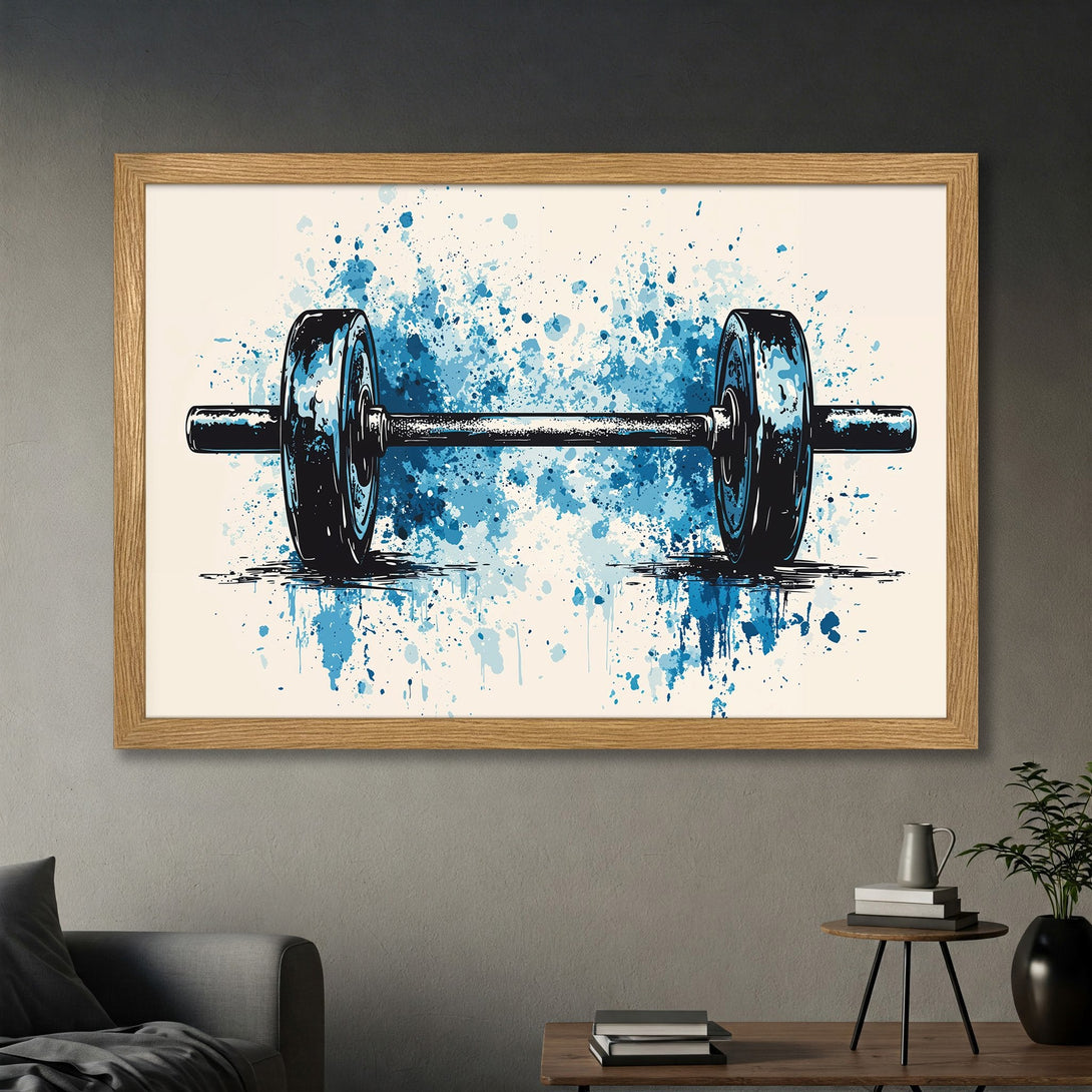 Framed Poster featuring a barbell in a watercolor style with blue and black accents. Perfect gym decor!