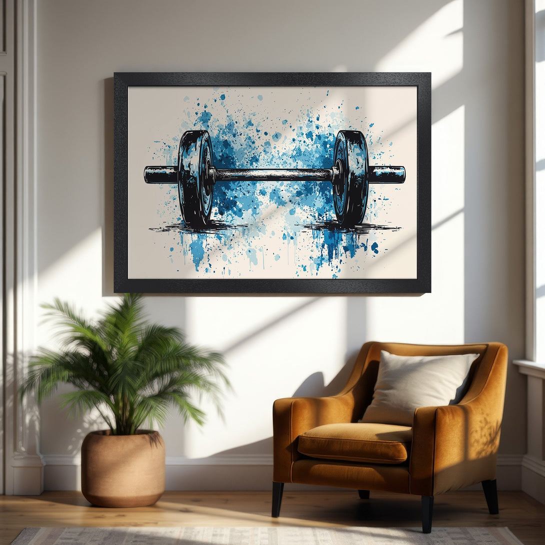 Framed Poster featuring a dumbbell illustration in an abstract style with a blue color palette. Perfect for home gym decor!