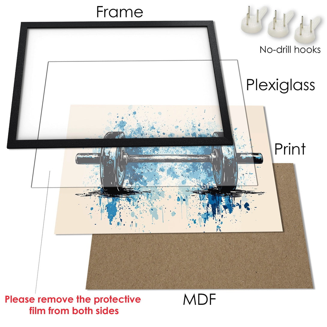 Framed Poster featuring a dumbbell in a watercolor style, blue and beige color palette. Perfect for gym decor!