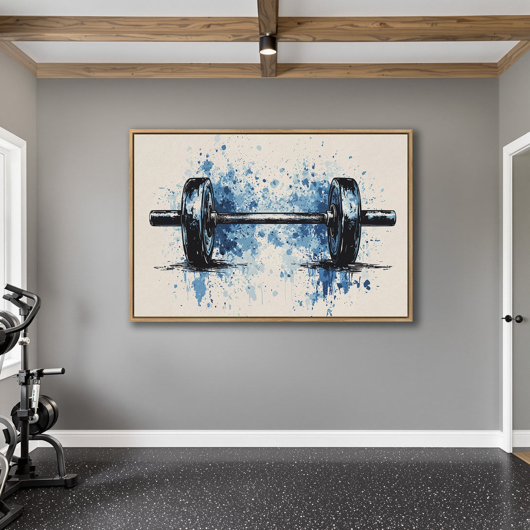 Framed Wall Art: Abstract blue barbell canvas print in a modern gym setting. Perfect for home fitness decor. Features a cool blue and neutral color palette.