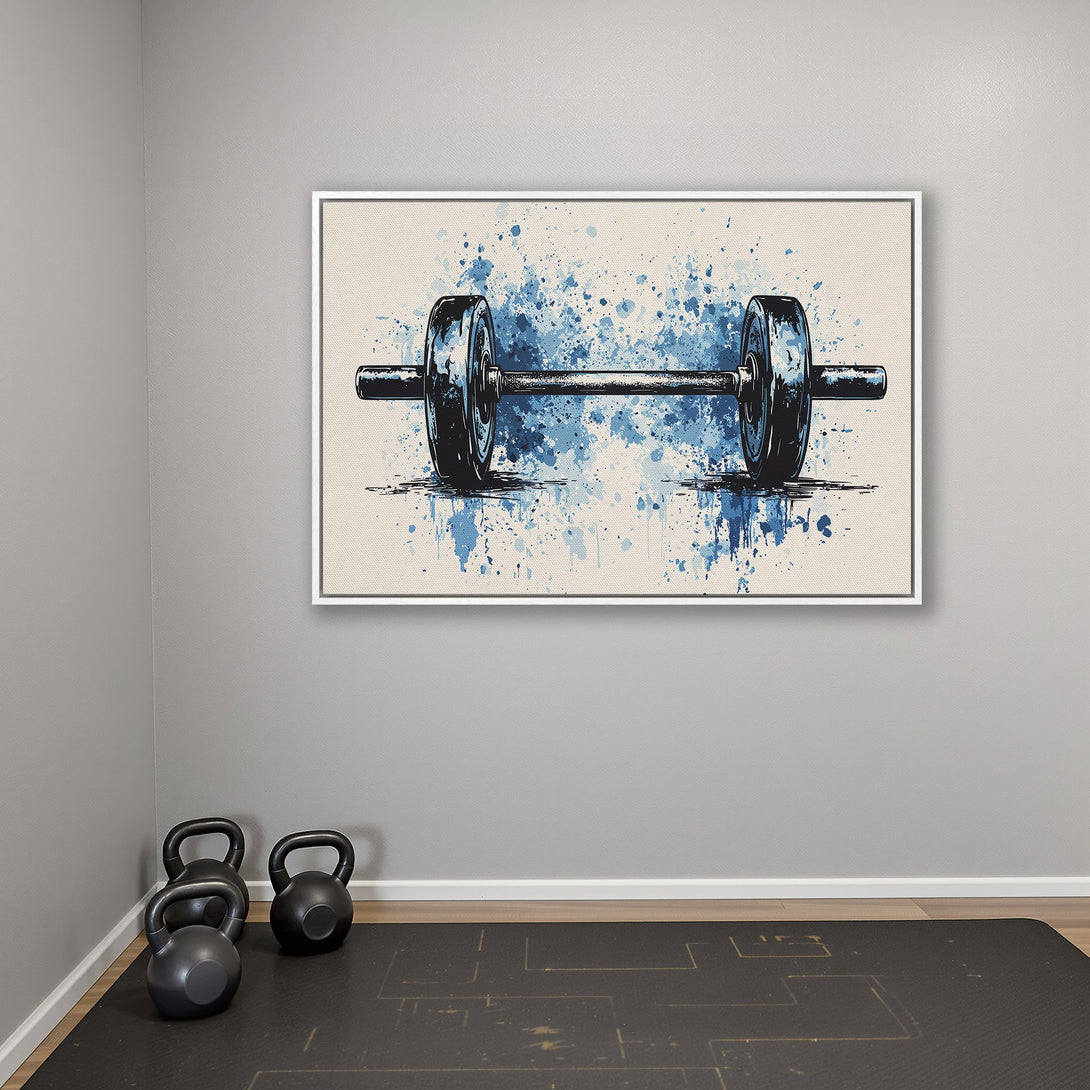 Framed Wall Art: Abstract barbell art with blue watercolor splashes. Perfect gym decor! Modern fitness canvas print in a neutral interior.