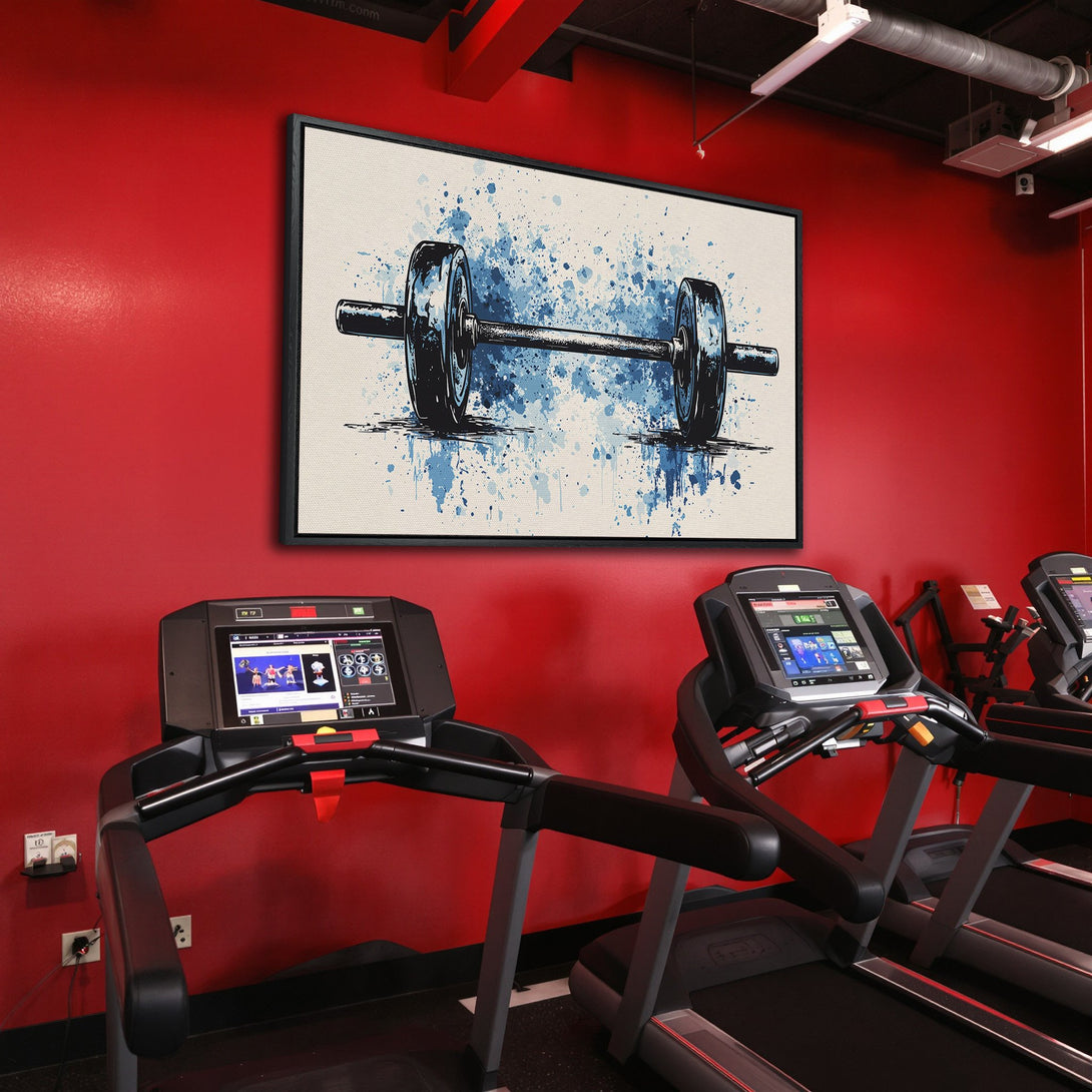 Framed Wall Art: Abstract barbell art in blue & black, perfect for a gym. Modern style, displayed in a red interior. Elevate your space!