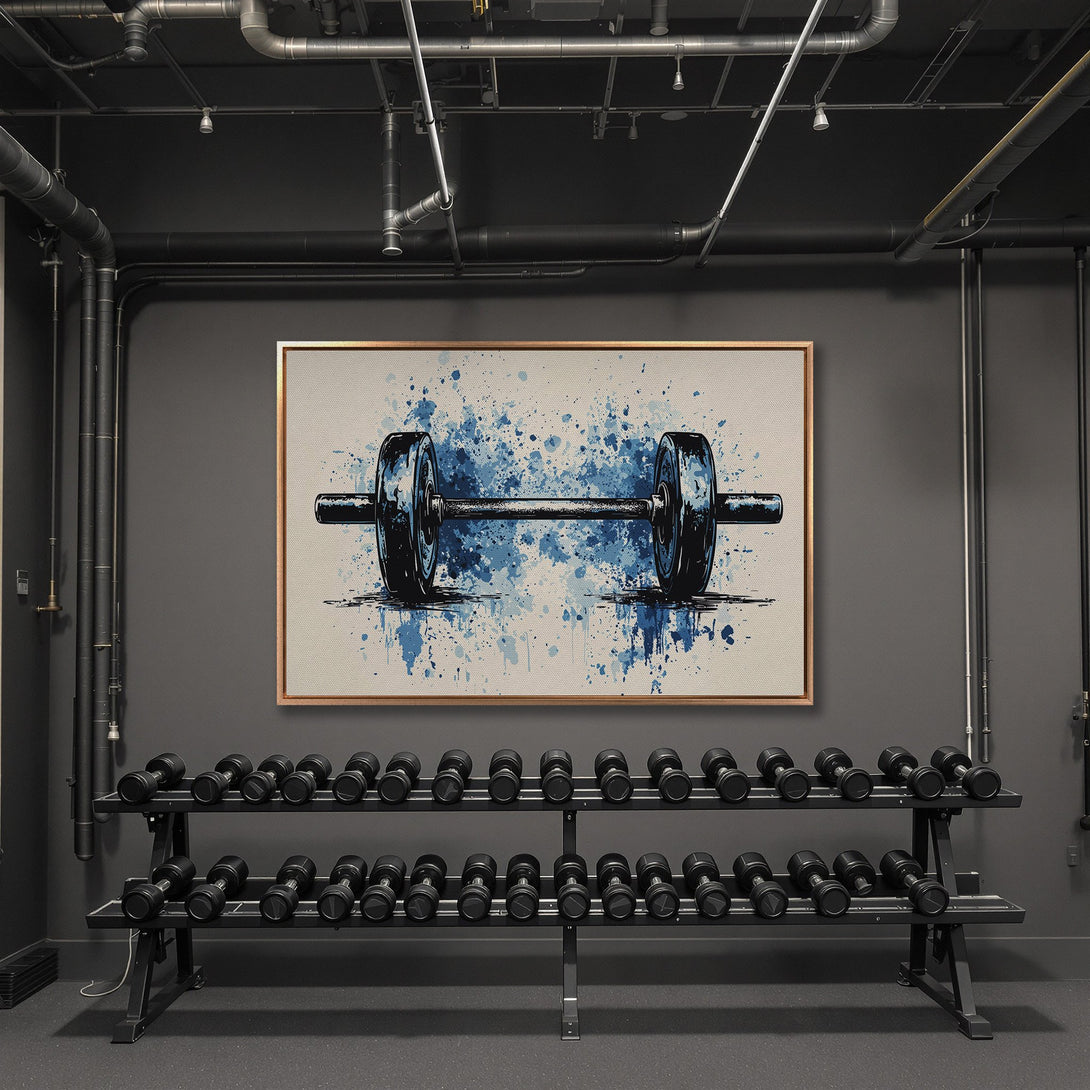Framed Wall Art featuring a dumbbell in a blue and black watercolor style. Modern gym decor with a neutral color palette. Perfect for fitness enthusiasts.