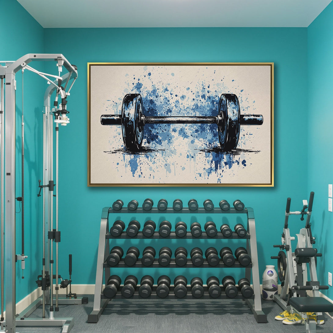 Canvas Print of a barbell with blue watercolor splash art. Modern gym wall decor in blue and neutral tones. Elevate your space!